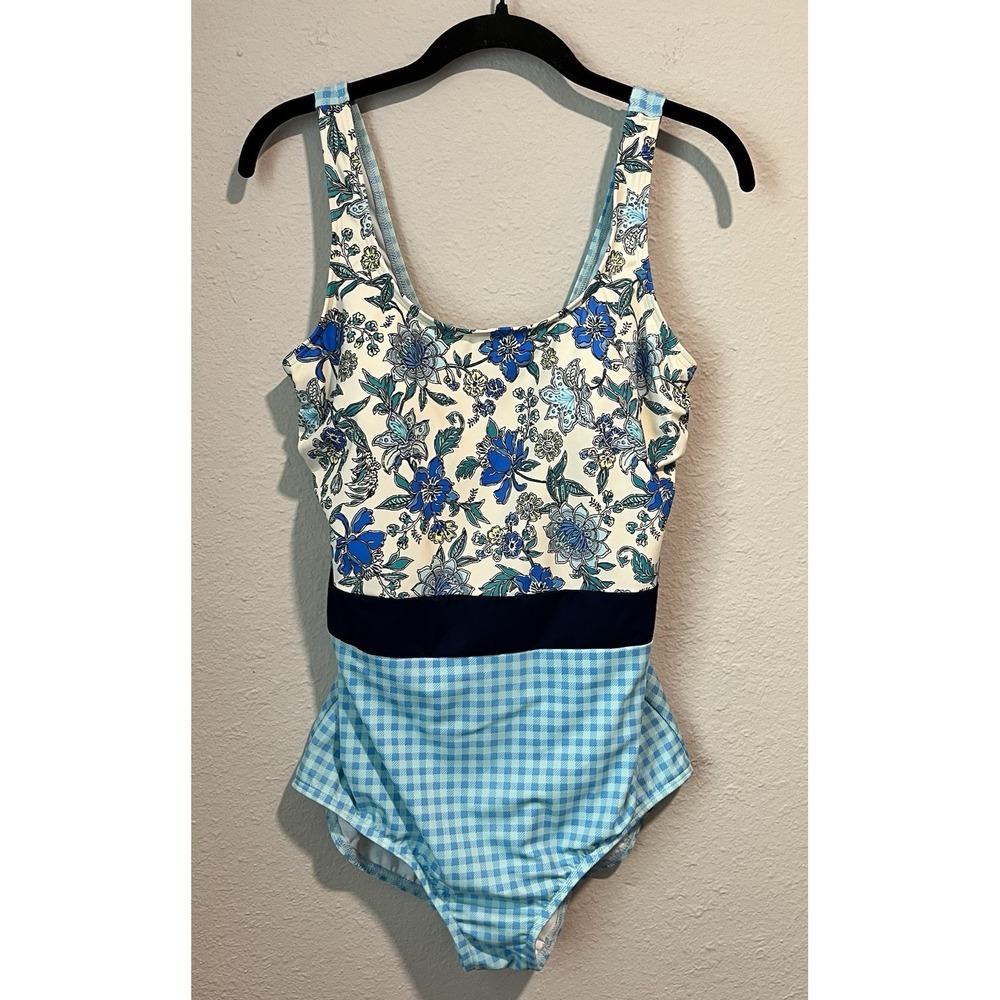 Land's End Women's Swimsuit Size 14 One Piece Multicolor Blue Swim Built In Cups